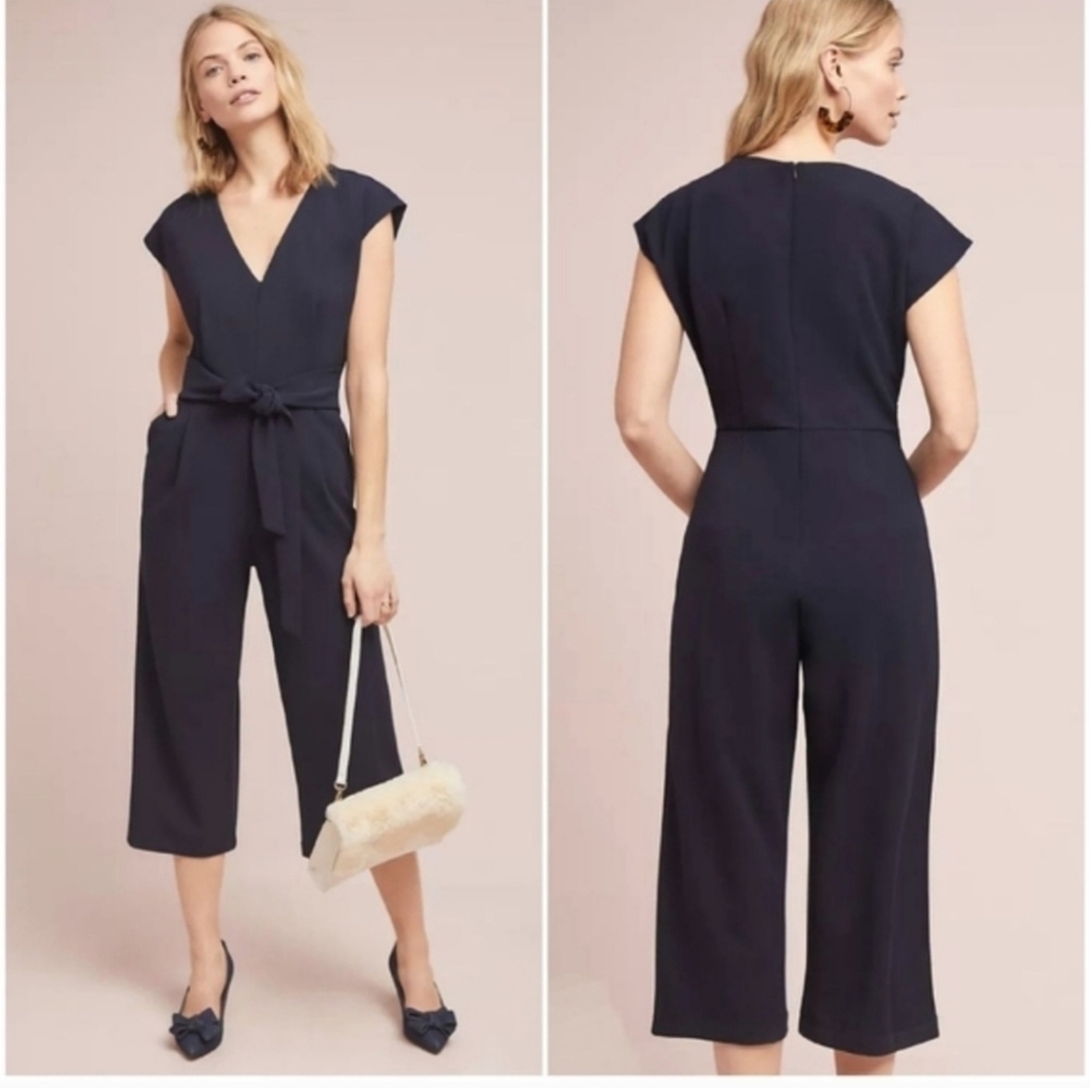 Anthropologie Deep Blue V-Neck Jumpsuit